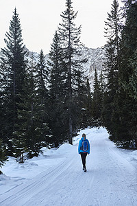 年轻女子沿着积雪的乡村道路徒步旅行的后景奥地利