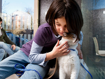 爱情发生摄影照片_带着她的猫在兽医候诊室的女孩