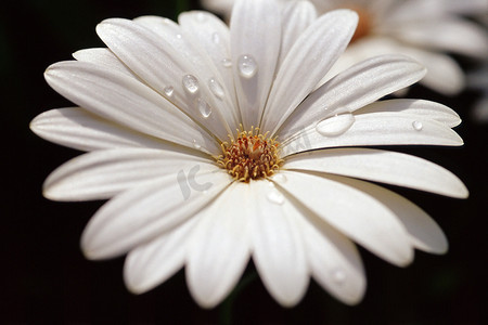 花瓣露珠摄影照片_露珠落在一朵白雏菊上