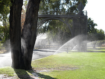 一排排给公园草坪浇水的洒水器