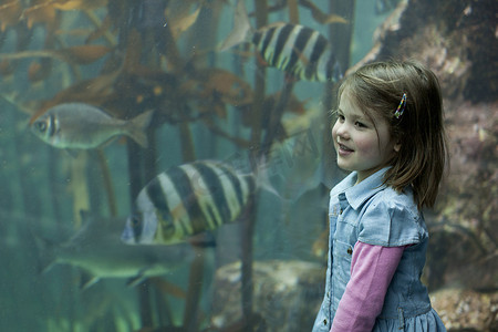 可爱的热带鱼摄影照片_年轻女孩在水族馆欣赏热带鱼