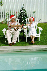 安全带帽摄影照片_在游泳池边庆祝圣诞节