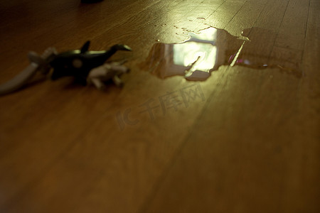 玩具凌乱摄影照片_木地板上的水和玩具