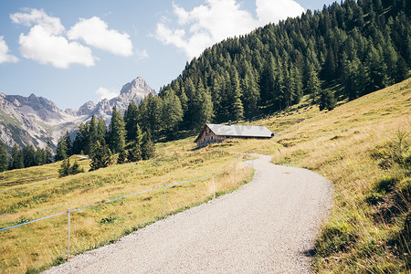 弯曲的道路和山坡上的小屋奥地利