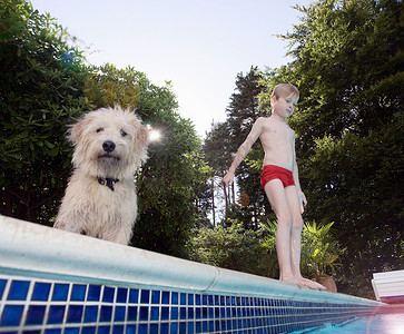 带着狗的男孩即将跳进游泳池