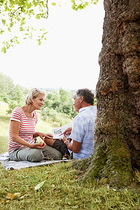 爱情标题摄影照片_一对成年夫妇在公园里玩纵横字谜