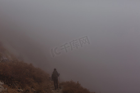 美国加利福尼亚州红杉国家公园矿泉王男性徒步穿越雾蒙蒙的山路的背影