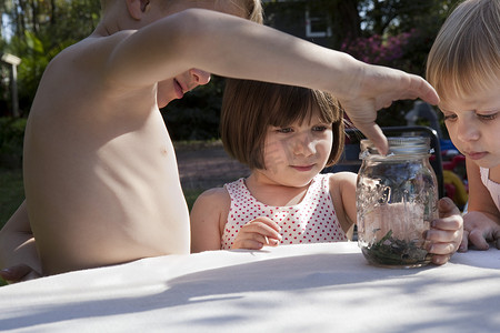 男孩和两个姐妹在花园的桌子上放着绿色的变色蜥蜴和罐子