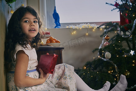 拿着圣诞礼物坐在地板上的女孩的肖像