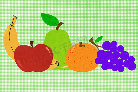 绿色格子布摄影照片_绿色格子棉布背景的水果