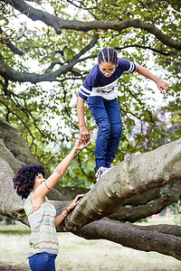 家长牵着孩子摄影照片_成年女子牵着儿子的手爬上公园树枝
