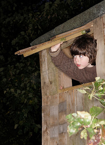 看电视的小男孩摄影照片_小男孩站在树屋的窗户前