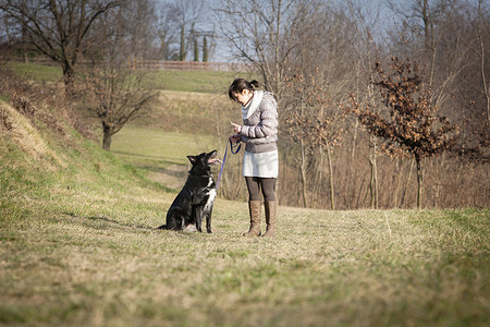 中年妇女带着她的狗在田野里散步