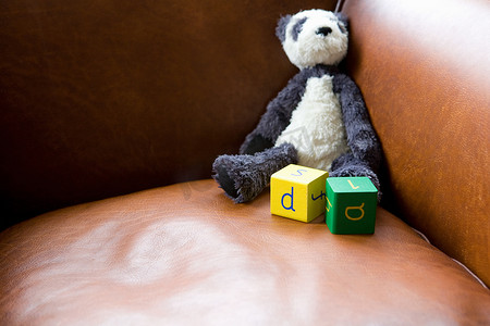 沙发上的熊猫玩具和积木