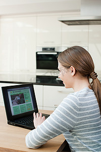 便利条图案摄影照片_一名年轻女子在笔记本电脑上看宠物保险