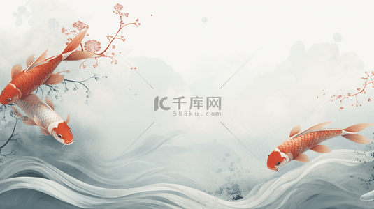 手绘中国风水中锦鲤背景2