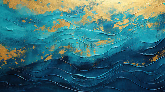 金色和海蓝色波浪漩涡油画质感背景18