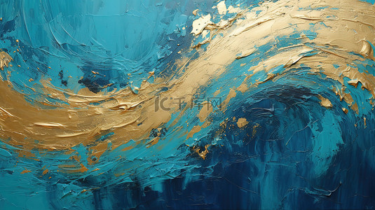 海蓝色背景背景图片_金色和海蓝色波浪漩涡油画质感背景5