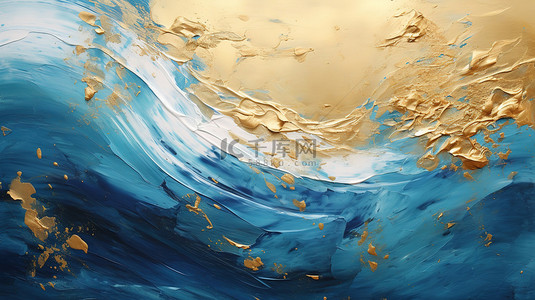 金色和海蓝色波浪漩涡油画质感背景19