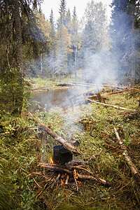 俄罗斯斯维尔德洛夫斯克萨尔西村森林中的篝火