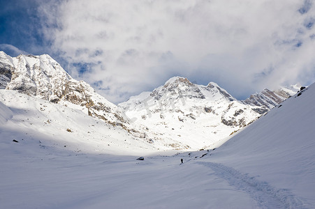 游戏雪山背景摄影照片_雪山风光中的徒步旅行者