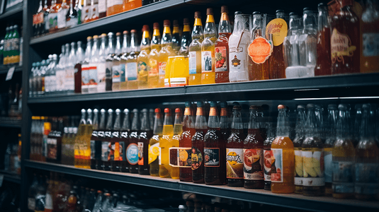酒水饮料摄影照片_超市货架上的酒水饮料