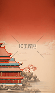 中国风背景建筑背景图片_复古中国风山水画节日背景