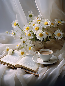 书本数字艺术背景图片_白色雏菊咖啡书本家居背景1