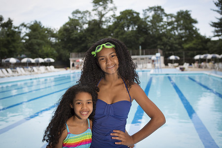 姐妹们穿着泳衣站在游泳池前微笑着看着镜头