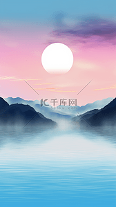 秋月背景图片_蓝粉色清新中秋节海上生明月背景