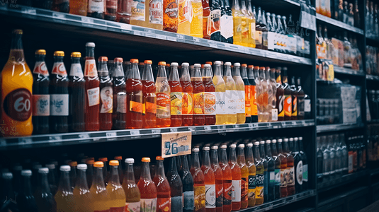 酒水饮料摄影照片_超市货架上的酒水饮料