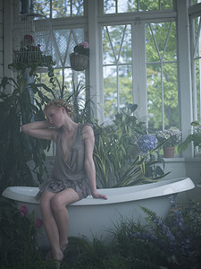 坐在浴缸边上的年轻女子浴室里种满了植物