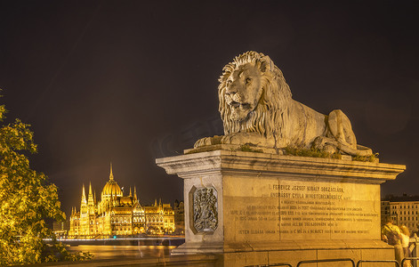 连锁桥上的狮子雕像背景中的议会夜晚匈牙利布达佩斯