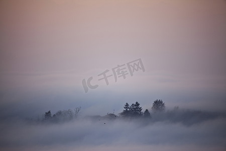 神秘摄影照片_山前浪河低云中浮现的树木的剪影意大利