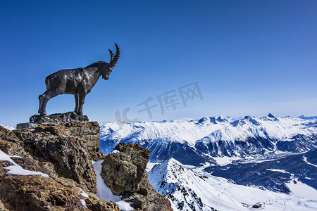 雪山山脊上的山羊雕像瑞士恩加丁圣莫里茨