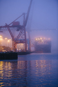 美国华盛顿州西雅图夜间海滨的货船和起重机雾蒙蒙的景象
