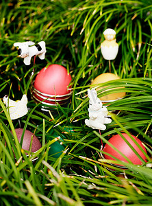大鸟和小鸟摄影照片_草地上的彩蛋和复活节兔子