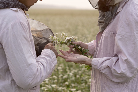 职场女性剪影摄影照片_俄罗斯乌拉尔男女养蜂人在花田里视察植物的剪影