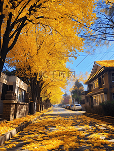 金黄色深秋行道树风景背景11