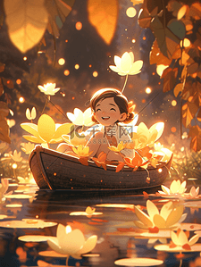 秋季坐在小船上的小女孩插画15