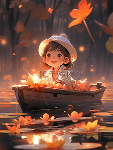 秋季坐在小船上的小女孩插画31