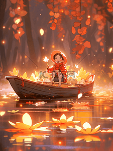 秋季坐在小船上的小女孩插画4