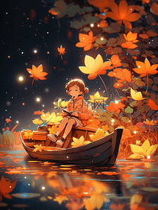 秋季坐在小船上的小女孩插画18