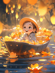 秋季坐在小船上的小女孩插画2