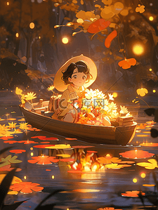 金黄色秋季背景图片_秋季坐在小船上的小女孩插画35