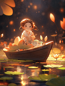 秋季坐在小船上的小女孩插画16