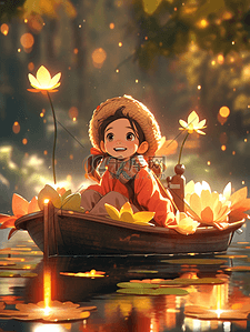 秋季坐在小船上的小女孩插画12