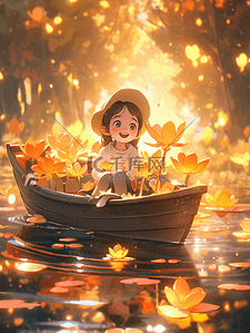 秋季坐在小船上的小女孩插画28