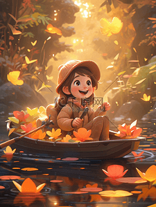 划船小船背景图片_秋季坐在小船上的小女孩插画24