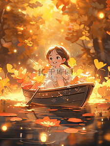 秋季风景插画背景图片_秋季坐在小船上的小女孩插画5